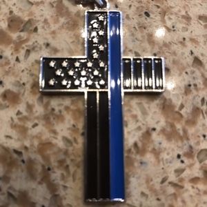 Thin Blue Line Cross Pendant Necklace Police